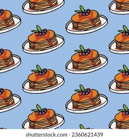 Pattern of pancakes with butter, berries and maple syrup sweet on a white plate and blue background