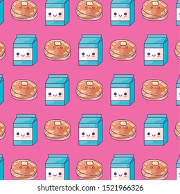 pattern of pancakes with milk boxes kawaii style vector illustration design