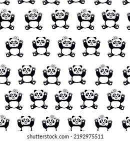 Pattern with panda. Seamless pattern with panda. Children's pattern. Panda with flower. Panda with rose. Animal with flower on Head. Vector illustration.