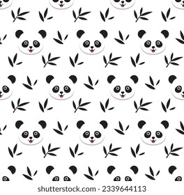 pattern of pandas and bamboo leaves in black on a white background, black and white cartoon pattern