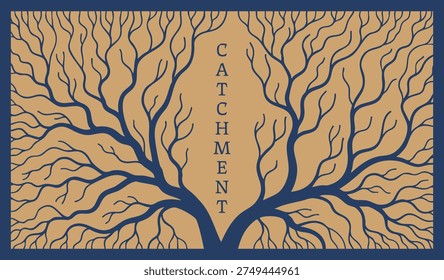 Pattern panel featuring branching tree lines and the word catchment stacked vertically