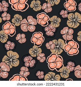 Pattern of pansy flowers in tan colors. Ready to color and repeat. Perfect for printing dresses and blouses. Vector and all over design