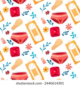 Pattern of panties, a menstrual cup, a tampon, a gasket, pills with flowers and branches. The concept of a woman's regular menstrual cycle. Menstrual period, premenstrual syndrome, vector illustration