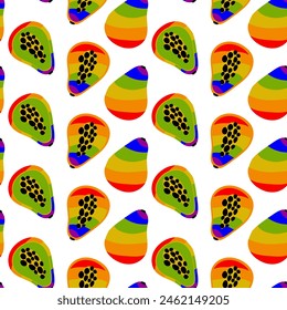 A pattern of papaya, painted in all the colors of the rainbow. Seamless fruit colored core. Whole and sliced fruits. An LGBT symbol. Suitable for website, blog, product packaging and more