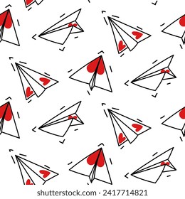 Pattern is paper airplanes with hearts. Seamless vector with origami planes and hearts. Perfect for wrapping paper, wallpaper, repeating elements, vintage design, laptop cover, fabric clothing design