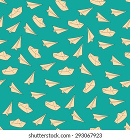 Pattern of paper airplanes and ships,  seamless pattern