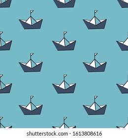 Pattern of a paper boat. Repeated image of the sea to edit. Editable vector.