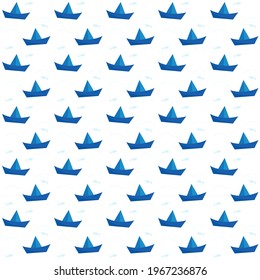 A pattern of paper boats and silhouettes of waves and fish. Vector illustration