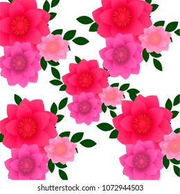 pattern of paper flowers with leaves on a white background