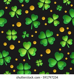 Pattern with paper green four leaf clovers and shamrock and gold coins on black background. Vector illustration. Elements for banner, cards, poster, holiday, party.