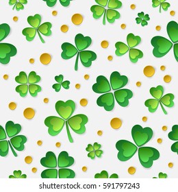 Pattern with paper green four leaf clovers and shamrock and gold coins on white background. Vector illustration. Elements for banner, cards, poster, holiday, party.