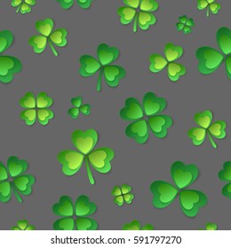 Pattern with paper green four leaf clovers and shamrock on gray background. Vector illustration. Elements for banner, cards, poster, holiday, party.