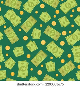 Modelo de moneda de papel y monedas de diversas denominaciones. Patrón sin foco. Ilustración vectorial.