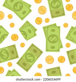 Pattern of paper money and coins of various denominations. Seamless pattern. Vector illustration.