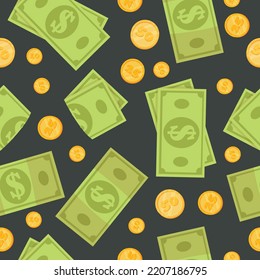 Pattern of paper money and coins of various denominations. Seamless pattern. Vector illustration.