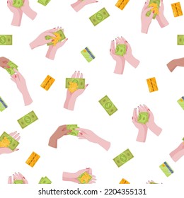 Pattern with paper money, credit cards and coins of various denominations. Seamless pattern. Vector illustration of isolates on a white background.