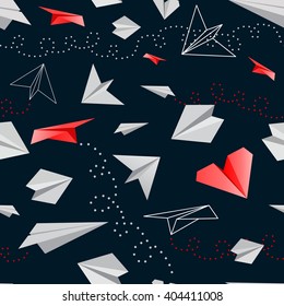 Pattern with paper planes on dark background. Vector illustration