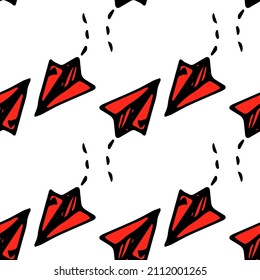 a pattern of a paper red airplane. a seamless pattern of a hand-drawn origami plane geometrically arranged in different directions, with a black isolated line, a red airplane with a dotted line of mov