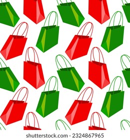 Pattern of a paper shopping bag with handles in red and green colors on a white background. Seamless festive, gift texture. Printing for birthday packaging, as well as the theme of discounts, sales