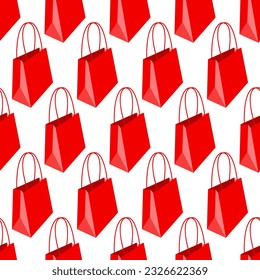 Muster eines Papierhandelstags mit Griffen in roten Farben auf weißem Hintergrund. Nahtlose festliche Geschenktextur. Zum Geburtstag gedruckte Verpackungen sowie das Thema Rabatte, Angebote, Verkäufe