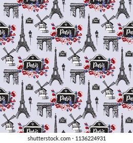 Pattern with Paris architecture and vintage signboard with rose flowers. Hand drawn graphic illustration with French symbols. Vector watercolor style vintage seamless background.