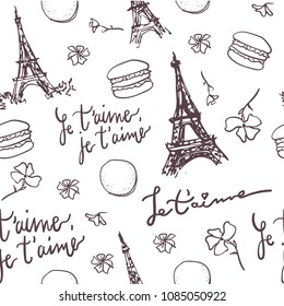 Pattern with Paris Eiffel Tower, french quotes, macarons and flowers. Paris vector pattern. French pattern. Vintage seamless pattern