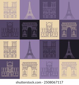 Muster Paris geometrisch. Nahtloser abstrakter Vintage-Hintergrund mit Architektursymbolen der Pariser Stadt wie dem Eiffelturm und Notre Dame de Paris für Printgewebe oder Textilien