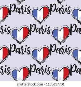 Pattern with Paris sign and heart shape flag French. Hand drawn graphic illustration with French symbols. Vector watercolor style vintage seamless background.