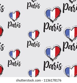 Pattern with Paris sign and heart shape flag French. Hand drawn graphic illustration with French symbols. Vector watercolor style vintage seamless background.