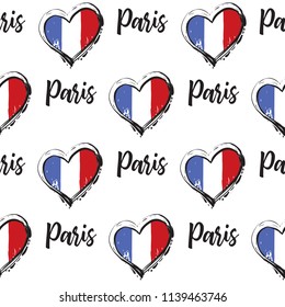 Pattern with Paris sign and heart shape flag French. Hand drawn graphic illustration with French symbols. Vector watercolor style vintage seamless background.