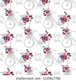 Pattern with Parisian city bike with basket with flowers and oh dear text in French. Hand drawn graphic illustration with French symbols. Vector watercolor style vintage seamless background.