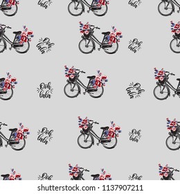 Pattern with Parisian city bike with basket with flowers and oh dear text in French. Hand drawn graphic illustration with French symbols. Vector watercolor style vintage seamless background.