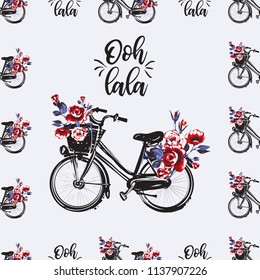 Pattern with Parisian city bike with basket with flowers and oh dear text in French. Hand drawn graphic illustration with French symbols. Vector watercolor style vintage seamless background.