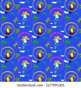 A pattern with a parrot in a ring and palm trees