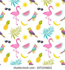 Pattern with parrots, flamingo birds and fruits