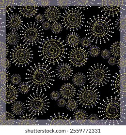 Pattern of particles, fragments.Abstract background with circles and dots pattern.black and beige backdrop. square design  for artsy background or hijab scarf and foulard pattern. Fashionable template