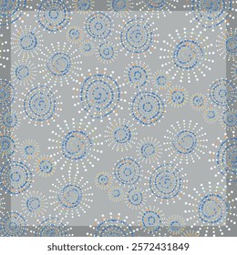 Pattern of particles, fragments.Abstract background with circles and dots pattern.gray and blue backdrop. square design for artsy background or hijab scarf and foulard pattern. Fashionable template