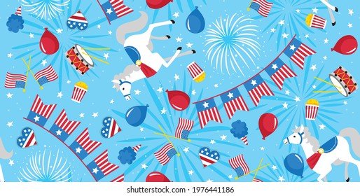 It's a pattern party in the USA with fireworks, flags, balloons, and horses. Seamless vector patterns are great for backgrounds, wallpaper, and surface designs.