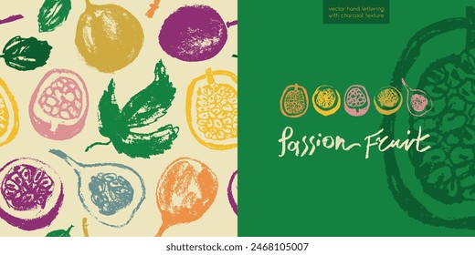 Pattern passion fruit seamless. Hand drawn granadilla illustrations. Exotic fruits ornament. Granadilla background for cosmetics, fruits puree or juice label. Vector fabric tropical fruit banner.