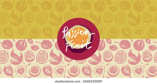 Muster Passionsfrucht nahtlos. Handgezeichnete Granadilla-Illustrationen. Exotische Früchte schmücken. Granadilla Hintergrund für Kosmetik, Fruchtpüree oder Saftetikett. Vektorgrafik Stoff tropische Früchte Banner.