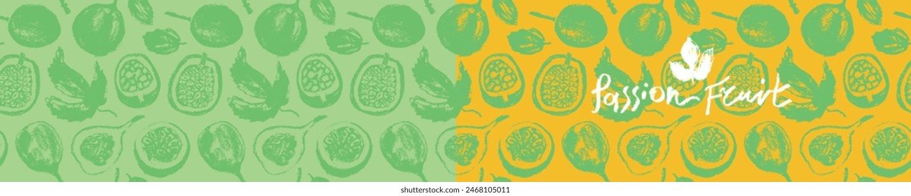 Patrón de fruta de la pasión sin fisuras. Ilustraciones de granadilla dibujadas a mano. Adorno de frutas exóticas. Fondo de granadilla para cosméticos, puré de frutas o etiqueta de jugo. Anuncio de frutas tropicales de tela de Vector.