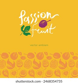 Pattern passion fruit seamless. Hand drawn granadilla illustrations. Exotic fruits ornament. Granadilla background for cosmetics, fruits puree or juice label. Vector fabric tropical fruit banner.