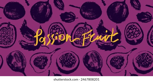 Pattern passion fruit seamless. Pastel hand drawn granadilla illustrations. Exotic fruits ornament. Granadilla background for cosmetics, fruits puree or juice label. Vector fabric passion fruit print.