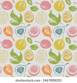 Pattern passion fruit seamless. Pastel hand drawn granadilla illustrations. Exotic fruits ornament. Granadilla background for cosmetics, fruits puree or juice label. Vector fabric passion fruit print.