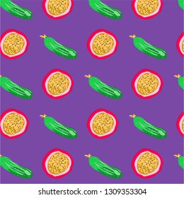 Pattern with passion fruits and cucumbers