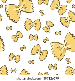 Pattern of pasta. Animation cartoon cooking set. Farfalle