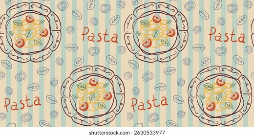 Pattern with pasta, basil, tomato. Trendy hand drawn graphic. Background of mediterranean eat. Vector illustration.

