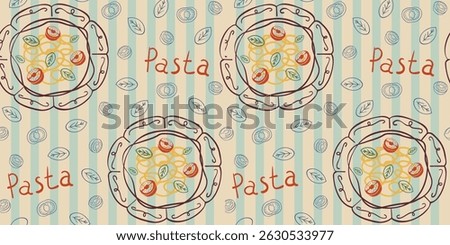 Pattern with pasta, basil, tomato. Trendy hand drawn graphic. Background of mediterranean eat. Vector illustration.
