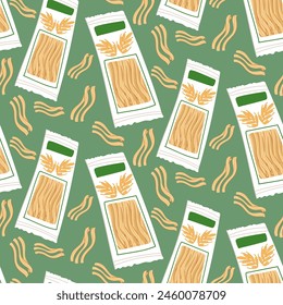 Pattern of pasta noodles in a white bag designed for storage. Culinary topics, food marketing. Flat vector illustration, seamless texture for product packaging. Paste is scattered on the green