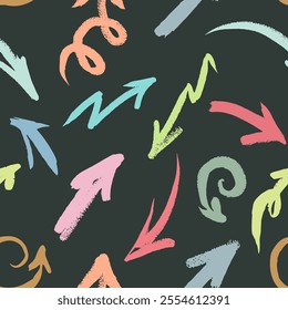 Pattern with pastel arrows and pastel black background. Vector, isolated. Hand draw with texture. Funny and interesting.